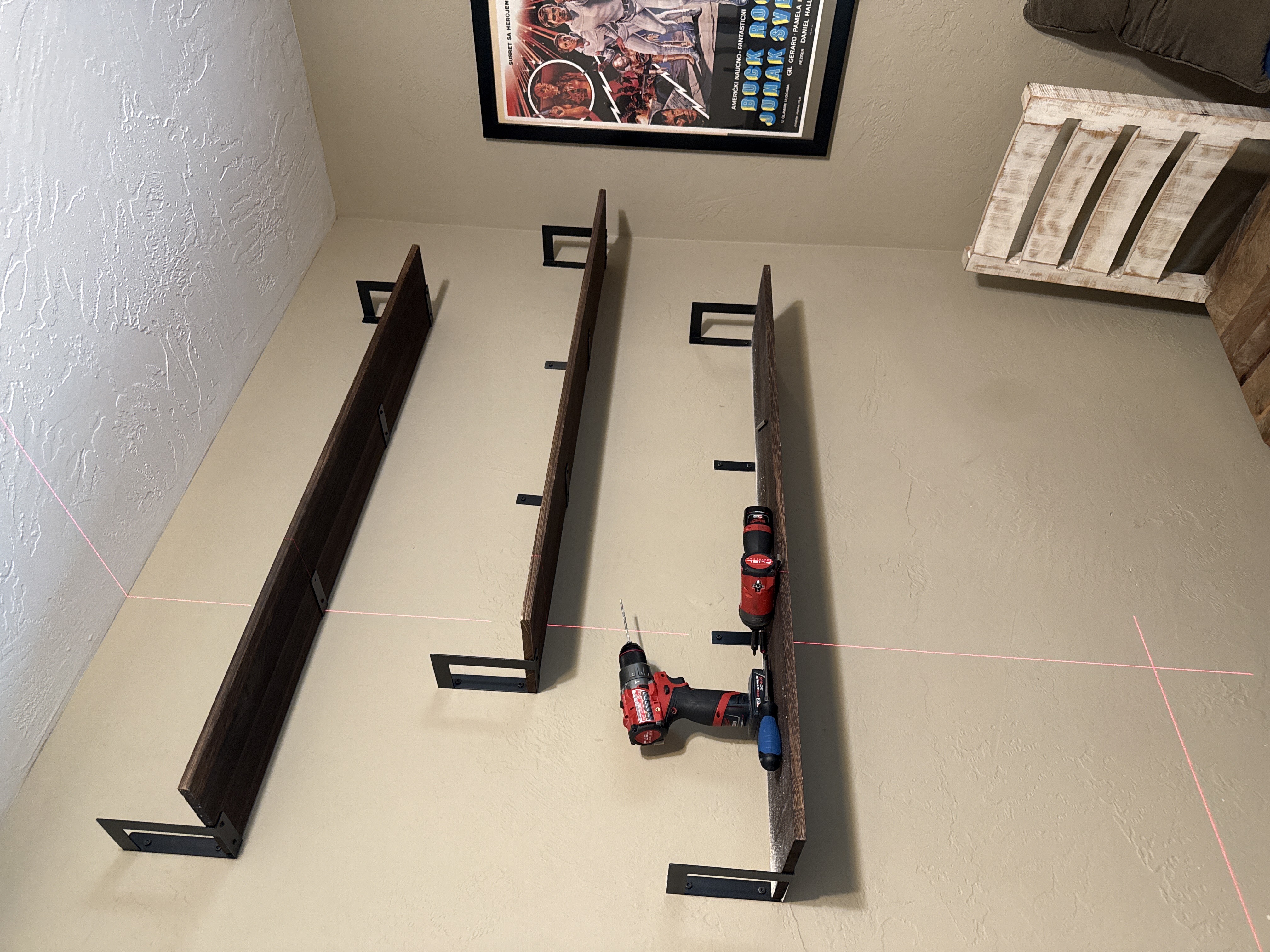 Floating shelves during installation
